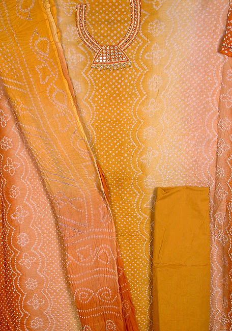 Yellow and Brown Shaded Bandhini Suit