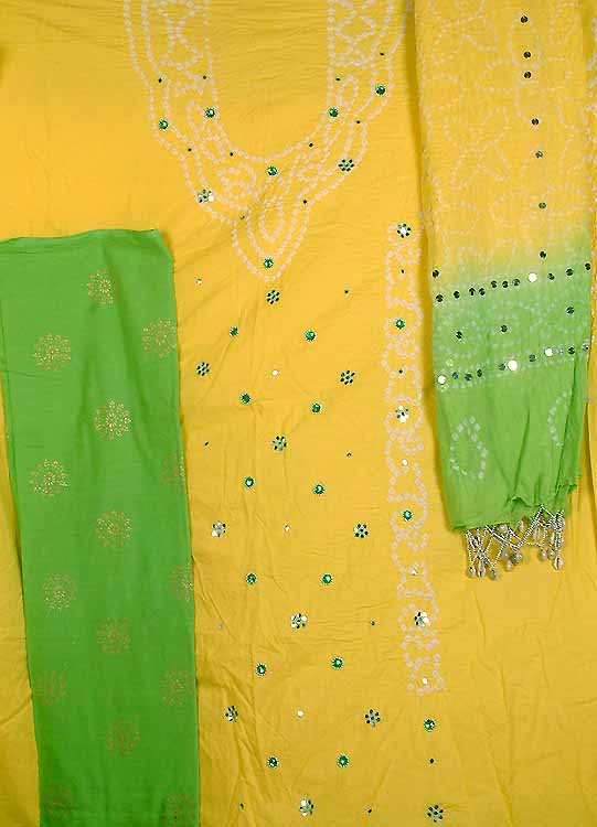 Yellow and Green Bandhani Suit with Mirrors and Beads