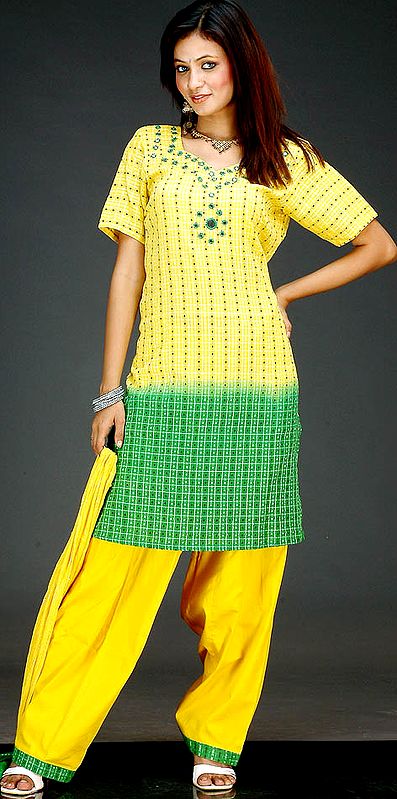 Yellow and Green Gujrati Patiala Suit with Mirrors