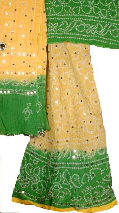 Yellow and Green Shaded Bandhini Lehanga Choli with Large Mirrors