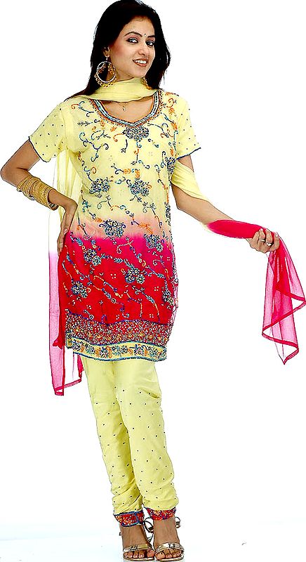 Yellow and Magenta Choodidaar Suit with Multi-Color Sequins and Beads