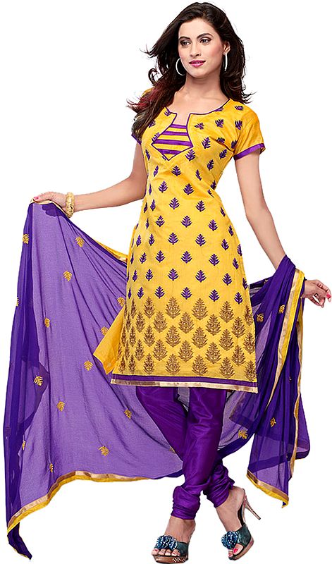 Yellow and Purple Choodidaar suit with Aari Embroidered Bootis All-Over