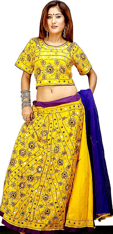 Yellow and Purple Lehenga Choli from Gujarat with Mirrors and Sequins