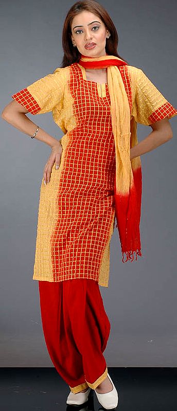 Yellow and Red Cotton Suit with Checks and Thread Weave
