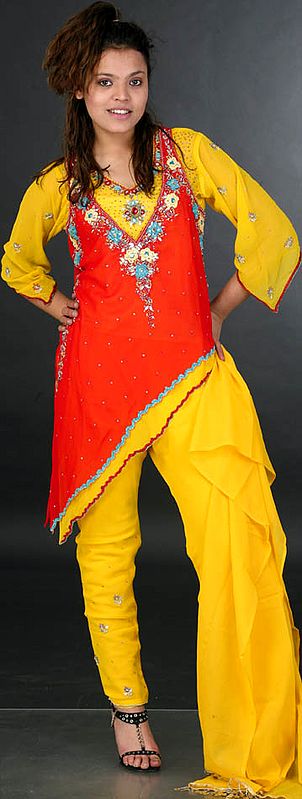 Yellow and Red Fish-Cut Choodidaar Suit with Beadwork and Sequins