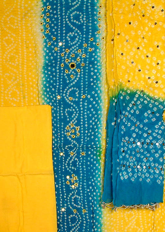 Yellow and Turquoise Bandhani Suit from Gujarat