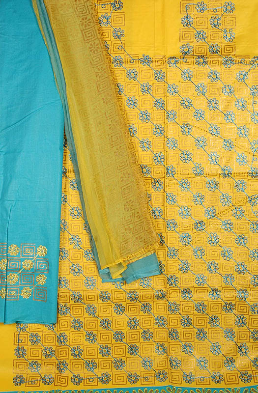 Yellow and Turquoise Salwar Suit with Embroidered Flowers