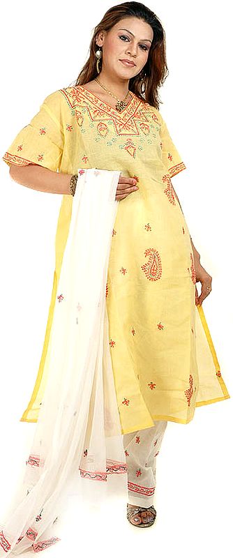 Yellow and White Salwar Kameez Suit with Chikan Embroidery