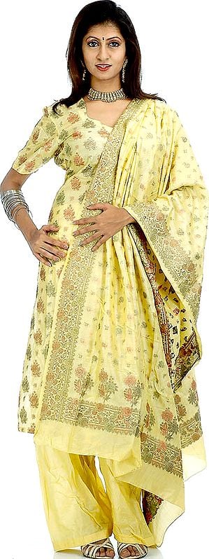 Yellow Banarasi Salwar Kameez with All-Over Floral Weave