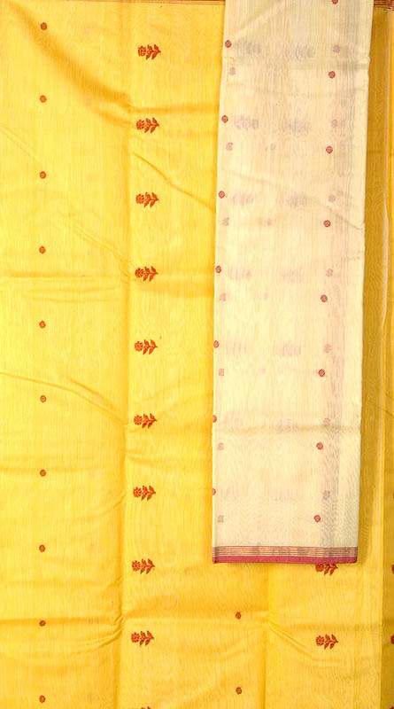 Yellow Chanderi Suit with Red Woven Bootis