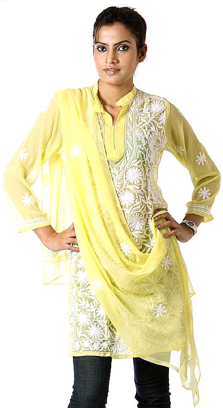 Yellow Chikan Embroidered Top with Stole