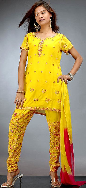 Yellow Choodidaar Suit with All-Over Embroidery and Sequins
