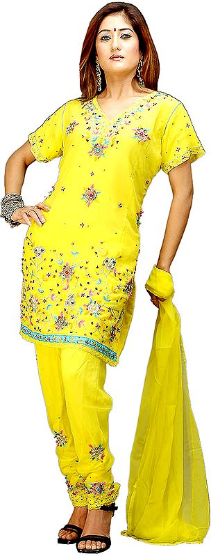 Yellow Choodidaar Suit with Colorful Bells and Floral Embroidery