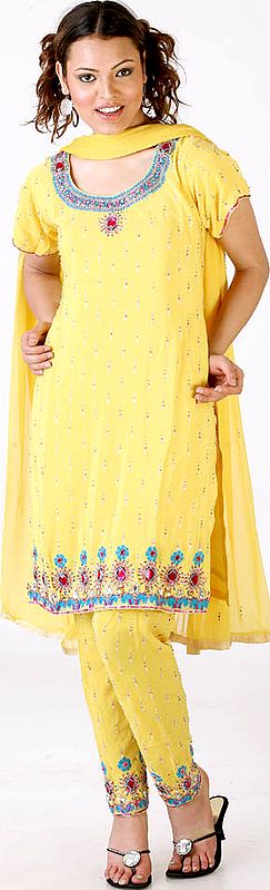 Yellow Choodidaar Suit with Embroidered Beads and Sequins