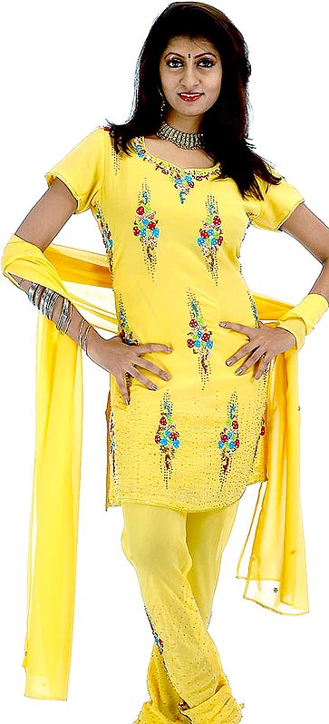 Yellow Churidar Suit with Floral Embroidery and Sequins