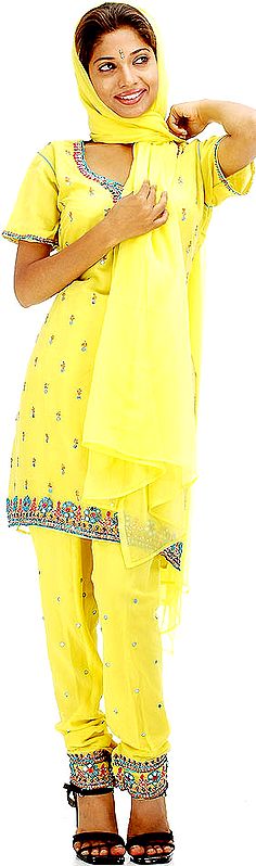 Yellow Choodidaar Suit with Mirrors and Multi-Color Threadwork