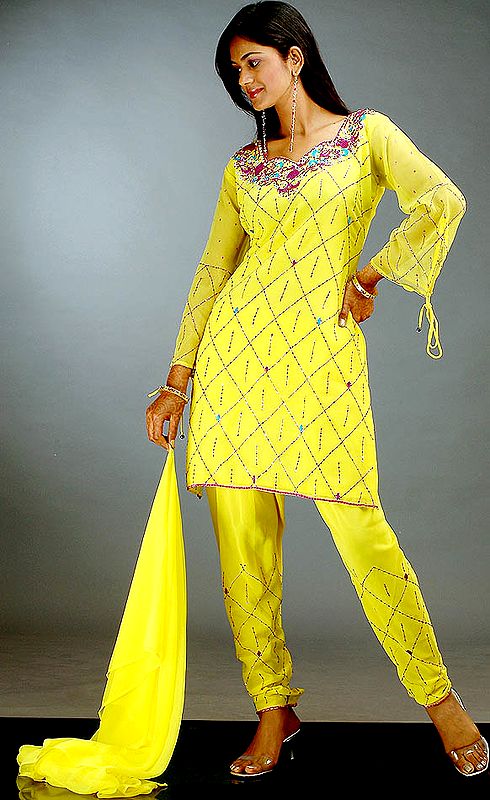 Yellow Choodidaar Suit with Threadwork and Sequins