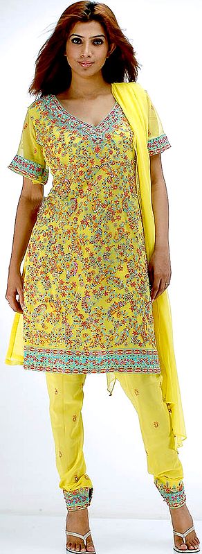 Yellow Choodidaar with Heavy Embrodiery and Sequins on Kameez