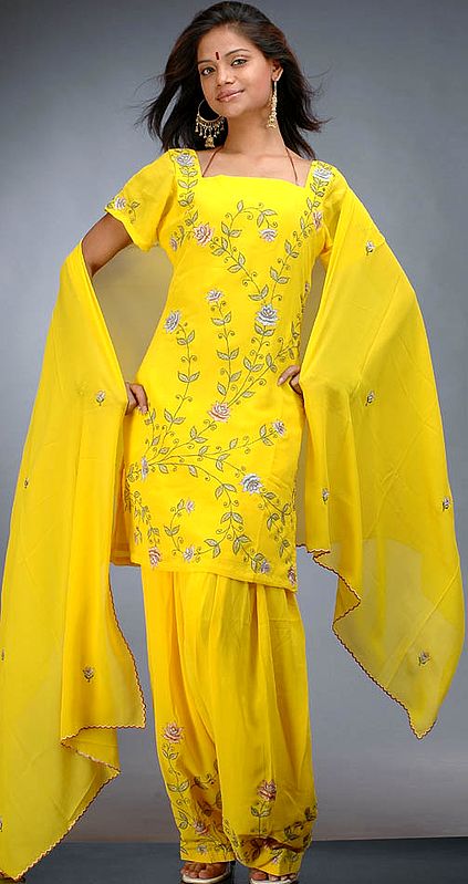 Yellow Georgette Suit with Floral Motif