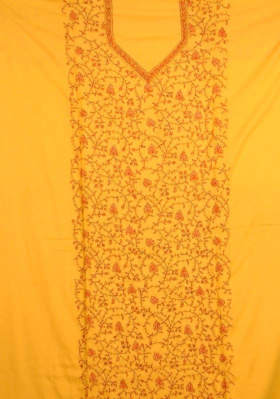 Yellow Handwoven Suit with Needle-Embroidery from Kashmir