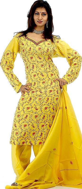 Yellow Needle Embroidered Salwar Suit with Shawl