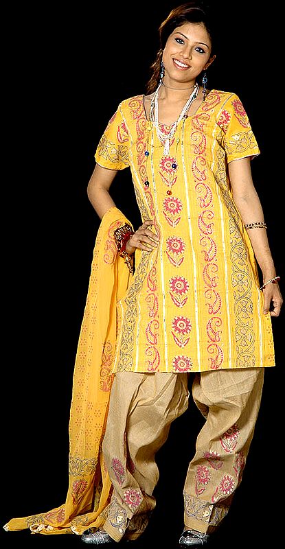 Yellow Paisley Salwar Kameez Fabric with Golden Paint