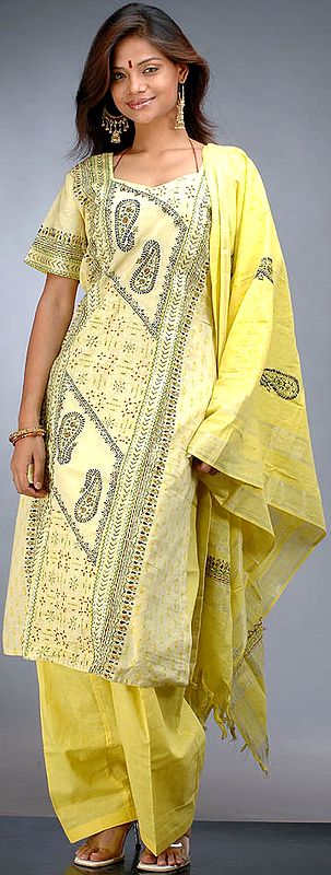 Yellow Paisley Suit from Rajasthan with Threadwork