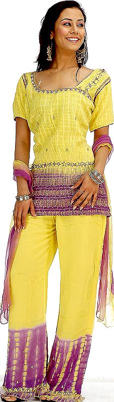 Yellow Parallel Crush Shaded Suit with Sequins