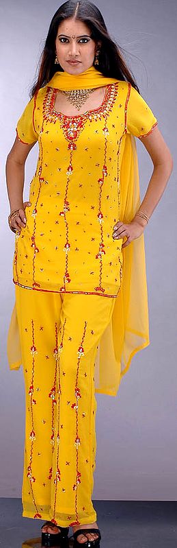 Yellow Parallel Salwar Suit with Hand-Embroidery