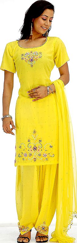 Yellow Patiala Salwar Suit with Sequins and Beads