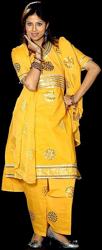 Yellow Salwar Kameez Fabric with Painted Bootis and Gota Work
