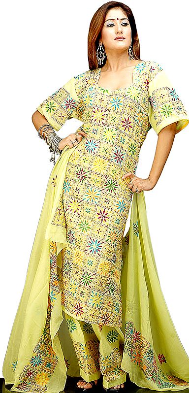 Yellow Salwar Kameez with All-Over Kantha Embroidery and Sequins