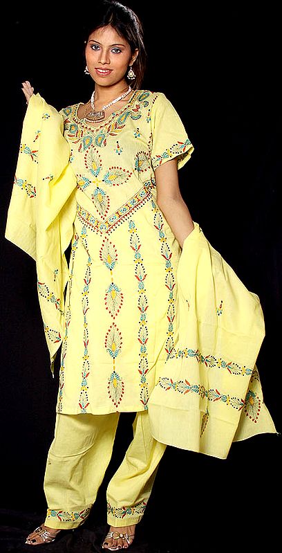 Yellow Salwar Kameez with All-Over Kantha Stitch Embroidery by Hand