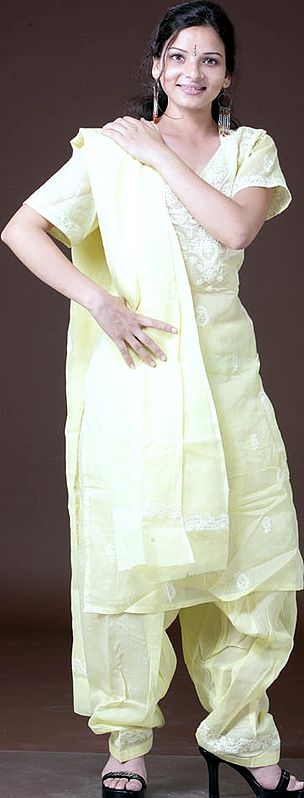 Yellow Salwar Kameez with All-Over Lukhnavi Chikan Embroidery