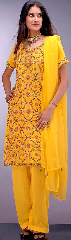 Yellow Salwar Suit with Dense Hand-Embroidery on Kameez