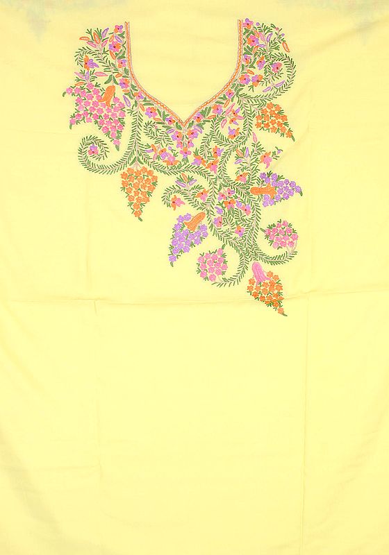 Yellow Two-Piece Salwar Suit from Kashmir with Crewel Embroidered Tulips