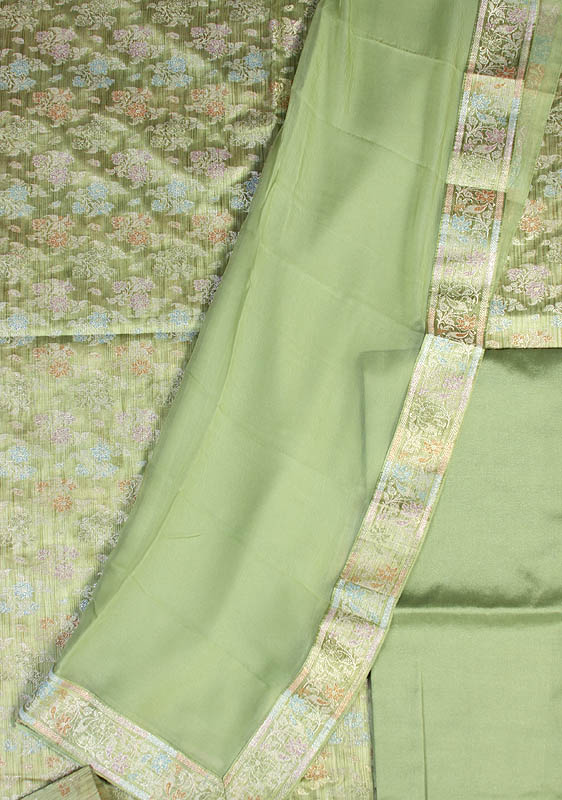 Yellow-Green Banarasi Suit with All-Over Woven Flowers