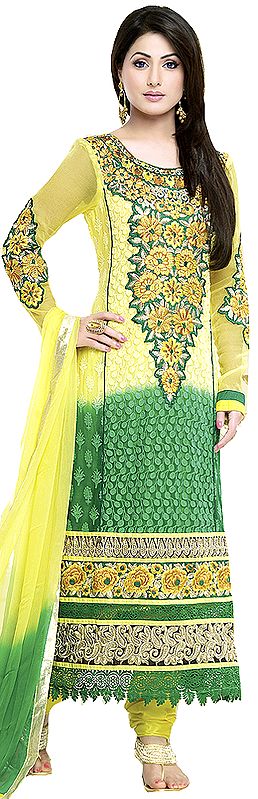 Yellow-Green Long Choodidaar Suit with Floral Aari Embroidery and Crochet Border