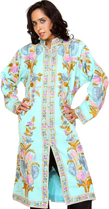 Yicca-Green Long Kashmiri Jacket with All-Over Embroidered Flowers