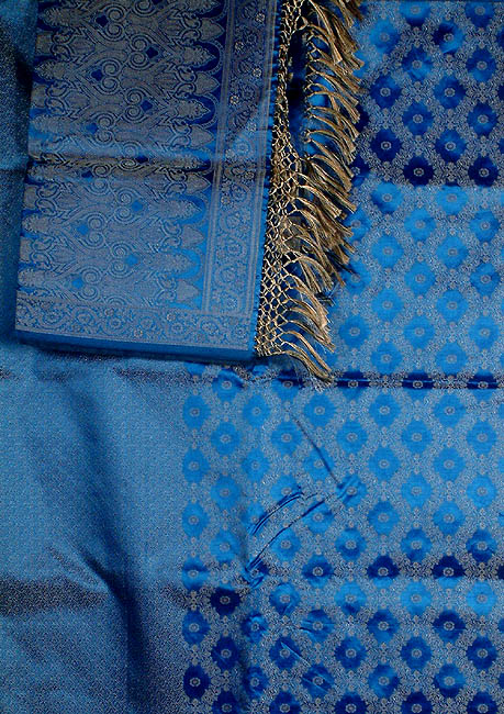 Royal-Blue Banarasi Kora Silk Suit with All-Over Thread Weave