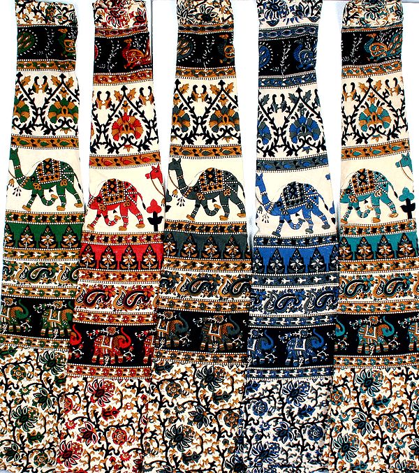 Lot of Five Long Wrap-Around Sanganeri Printed Skirts with Printed Elephants and Camels