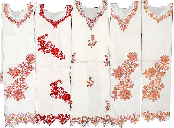 Lot of Five White Long Kurtis  with Kashmiri Aari Embroidery