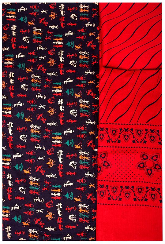 Salwar Kameez Fabric with Printed Village Folk Motifs