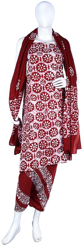 Tibetan-Red Batik Salwar Kameez Dress Material from Gujarat