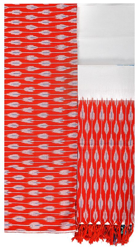 Red-Orange and Cream Salwar Kameez Fabric with Ikat Weave