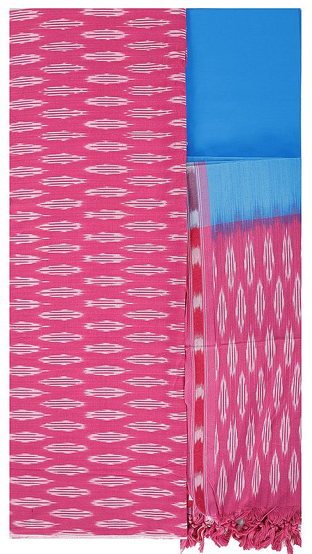 Hot-Pink and Cyan Blue Salwar Kameez Fabric with Ikat Weave