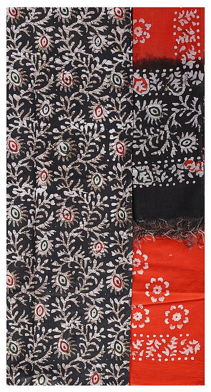 Black-Olive and orange Salwar Kameez Fabric with Batik Print
