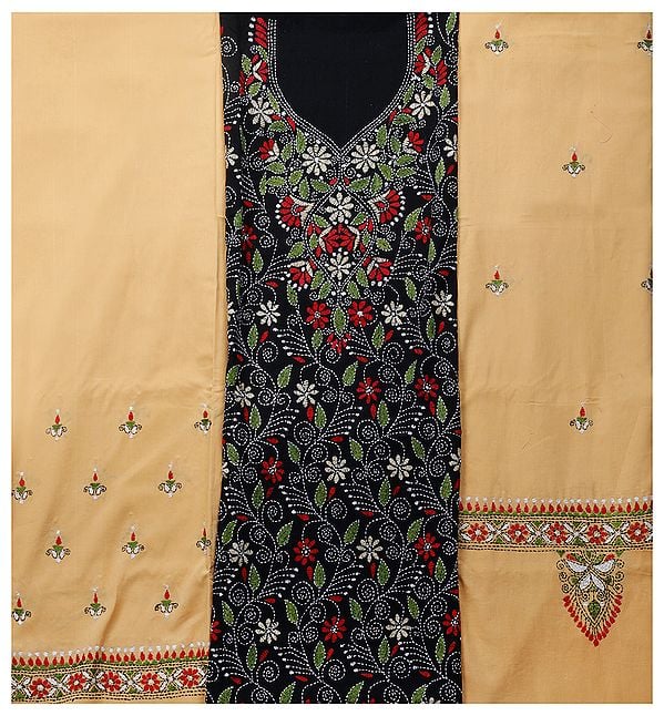 Black and Nugget Salwar Kameez Fabric from Kolkata with Kantha Hand-Embroidery