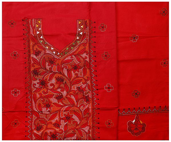 Jester-Red Salwar Kameez Suit from Kolkata with Kantha-Embroidery by Hand