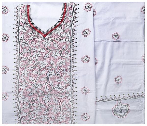 Off-White Salwar Kameez Suit from Kolkata with Kantha-Embroidery by Hand